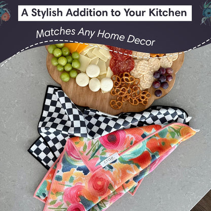 Microfiber Hand Towel & Washcloth Set of 2 - Double-Sided, Waffle Weave, Super Absorbent, Lint-Free, Fast Drying - Pia & Fonnie Pattern for Bathroom, Kitchen, Car, and Window Cleaning