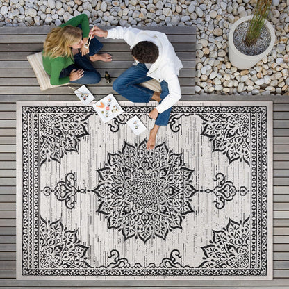 CAMILSON Outdoor Rug, 8x10 Medallion White Black Modern Area Rugs for Indoor and Outdoor Patios, Kitchen and Hallway Mats, Washable Porch Deck Outside Carpet (Medallion White, 8 x 10)