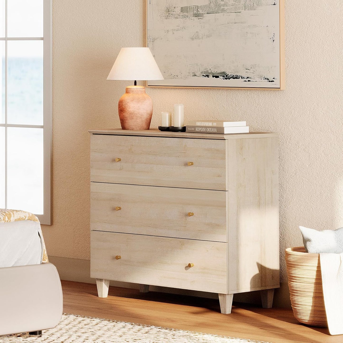 WAMPAT Bedroom Dresser with 3 Drawers, 35.4" Wide Wood Kids Dressers, Chest of Drawers, Modern Closet Organizer Bachelors Chest w/Solid Wood Legs for Living Room, Baby Room, Nursery, Light Oak