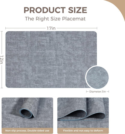 Vinyl Placemats Set of 6, Faux Leather Waterproof and Heat Resistant Place Mats, Washable Anti-Slip Table Mats with Coaster, Wipeable Placemats for Indoor & Outdoor 17" x 12" (Light Blue, Set of 6)