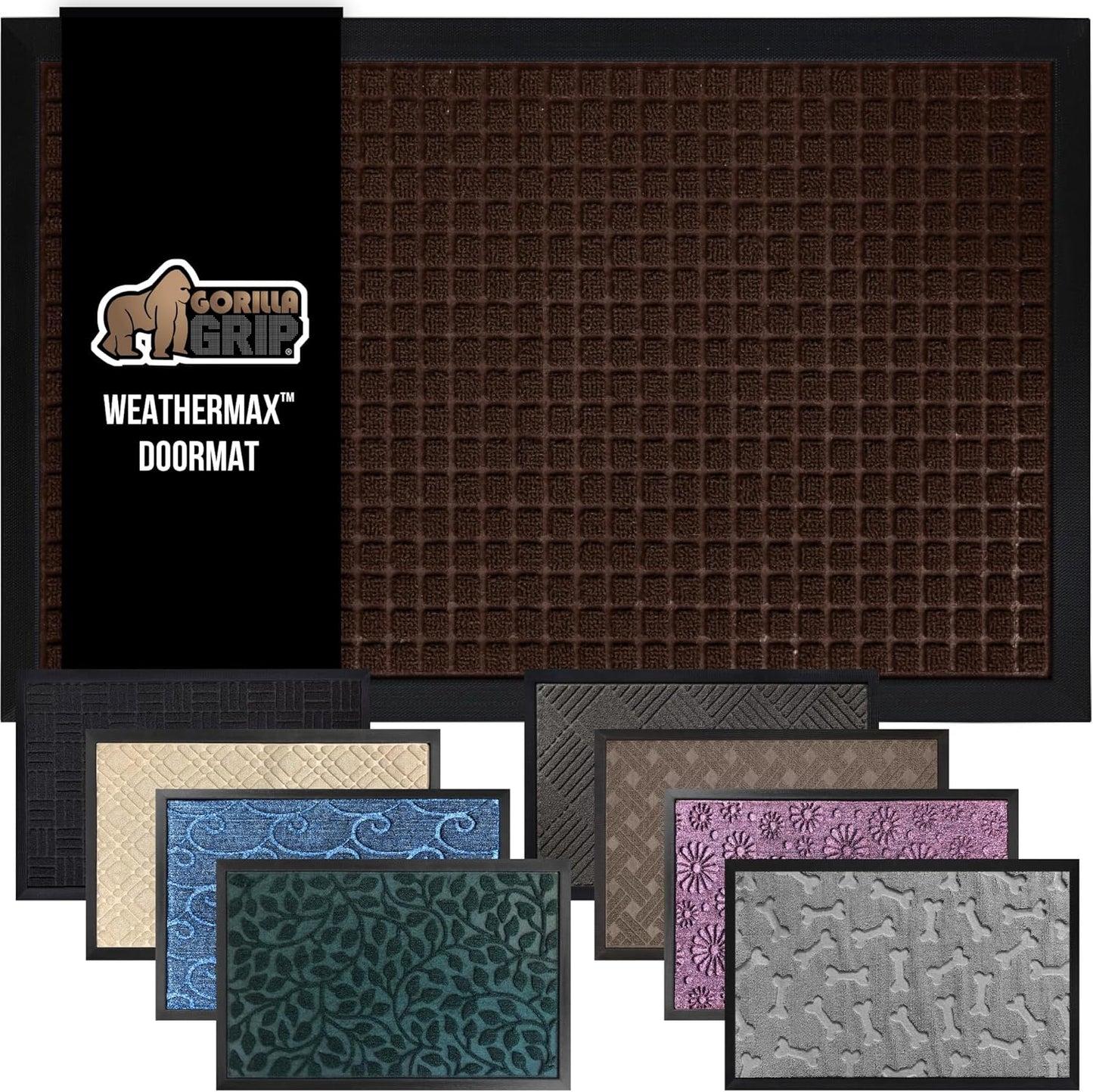 GORILLA GRIP 100% Waterproof All-Season WeatherMax Doormat, 34x58, US Designed Natural Rubber, Stain and Fade Resistant, Low Profile Indoor Outdoor Door Mats, Easy Clean Patio Mat, Coffee Squares