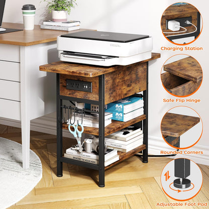 End Table with Charging Station, Flip Top Nightstand with USB Ports and Outlets, Couch Side Table with Fabric Bag and Hooks, Bedside Table for Space Saving, Living Room, Bedroom (Rustic Brown)