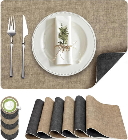 Faux Leather Dual Sided Placemats Set of 6, Square Non-Slip Heat Resistant Placemats with Coaster, Reversible wipeable Waterproof Table Mats for Kitchen, Dining, Outdoor (6, Black Light Coffee)