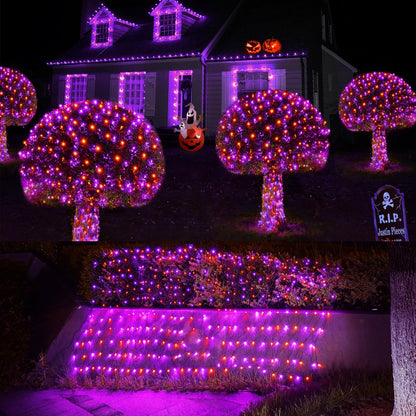 WBao Orange Purple Halloween Lights Outdoor 200LED F8 Big Bulbs, 8.4ft x 5.2ft Halloween Net Lights with 8 Modes, Timer, Connectable, Waterproof & Dark Green Wire for Lawn, Bushes Outdoor Decorations