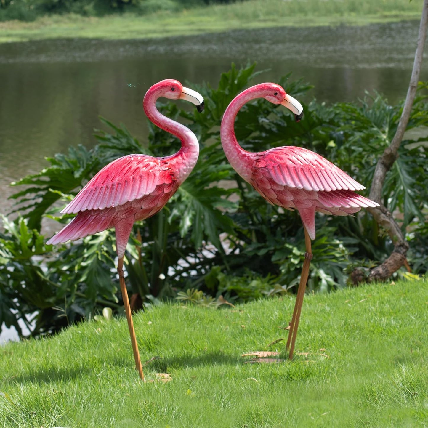 Kircust Flamingo Garden Sculpture & Statues, Metal Birds Yard Art Outdoor Statue, Large Pink Flamingo Lawn Ornaments for Home, Patio, Backyard Decor (2-Pack)