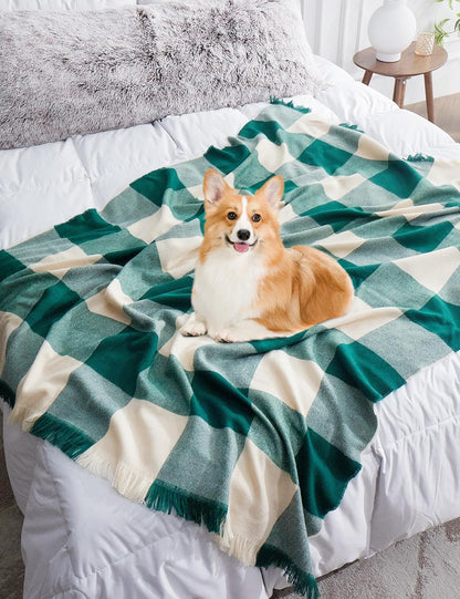 ZonLi Green Checkered Throw Blanket, 50" x 60" Christmas Decorative Blankets, Decorative Vintage Throws with Tassel for Couch, Bed, Sofa, Chair, Outdoor, Cozy Warm Lightweight Farmhouse Blankets