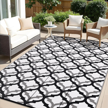 OLANLY Reversible Outdoor Rug 6x9 ft Clearance, Waterproof Outdoor Plastic Straw Rug with Interlacing Pattern, RV Mat for Patio, Camping, Balcony, Deck, Backyard, Black & White