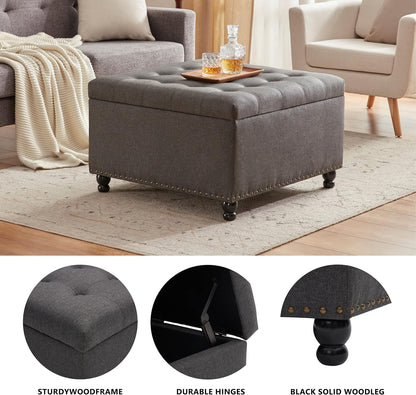 Tbfit Large Square Storage Ottoman Bench, ButtonTufted Upholstered Coffee Table Ottoman with Solid Wood Legs, Oversized Storage Ottomans Toy Box for Living Room (Light Grey)