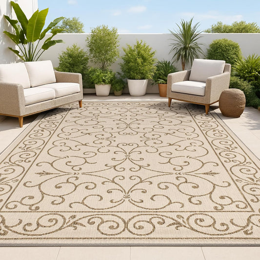 JONATHAN Y Vintage Filigree Indoor Outdoor Area Rug 8X10 Beige/Brown, Charleston Textured Weave for Backyard, Patio, Porch, Easy-Cleaning, High Traffic, Pet-Friendly, Non-Shedding (SMB106A-8)