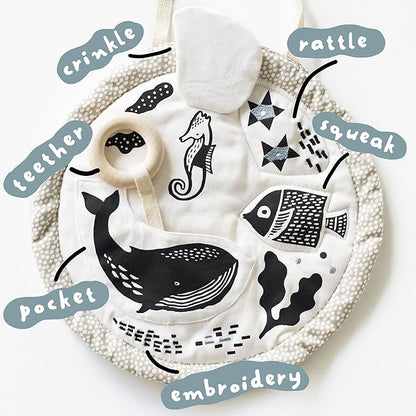 Wee Gallery Ocean Activity Pad Organic Baby Play Mat with Sensory Toys, High Contrast Newborn Essentials Soft Tummy Time Mat for Babies 0-12 Months, Visual and Motor Skill Development Toy