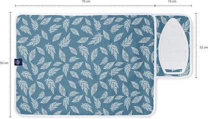 Encasa XO Ironing Mat/Pad (Small 28"x20") with 3mm Padding & Silicone Iron Rest for Steam Pressing on Tabletop or Bed - Heat Resistant, Portable, Quilting & Travel Blanket - Big Leaves Blue
