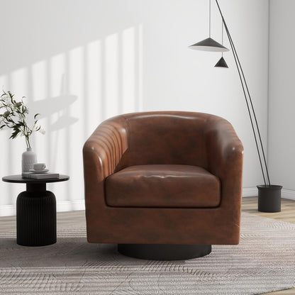 Swivel Barrel Accent Chair, Modern Round Faux Leather Arm Chair for Living Room, Bedroom, Comfy Club Reading Chairs for Adults(Faux Leather, Coffee, Set of 1)