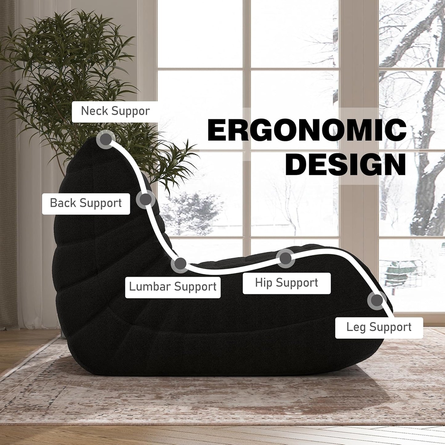 Bean Bag Chair, Memory Foam Bean Bag Sofa Large Bean Bag Chair for Adults, Bean Bag Chairs for Teens with High Density Comfortable Foam, Bean Bag for Living Room, Bedroom (Black)