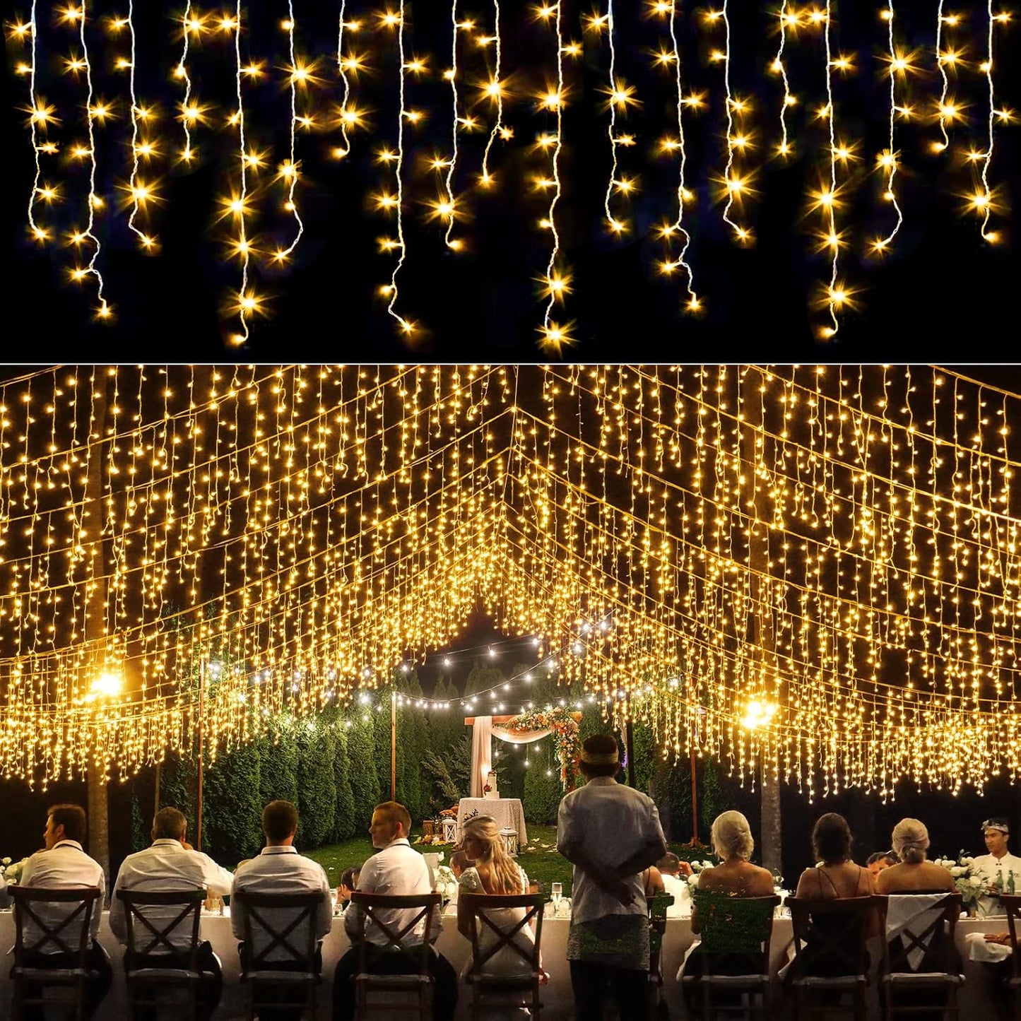 Icicle lights Outdoor - 33ft Christmas Lights with 400LED 75 Drops 8 Modes, Plug in Curtain String Lights Waterproof for Holiday Wedding Party Home Garden Bedroom Indoor Decoration, Warm White