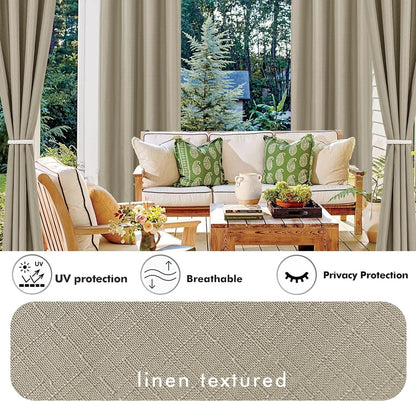 HolidayIdeas 4 Panels Linen Outdoor Curtains for Patio Waterproof Taupe Outside Curtains 108 inch Long-Gazebo Curtains Weighted Weatherproof, Privacy for Pergola, Porch, Living Room, Bedroom 54"x108"