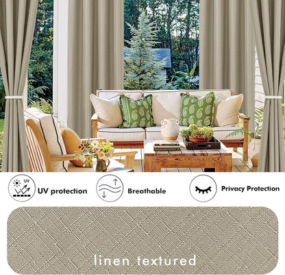 HolidayIdeas 4 Panels Linen Outdoor Curtains for Patio Waterproof Taupe Outside Curtains 110"x120"-Indoor/Outdoor Gazebo Wide Curtains Weatherproof, Privacy for Pergola, Porch, Cabana, Deck, Sunroom