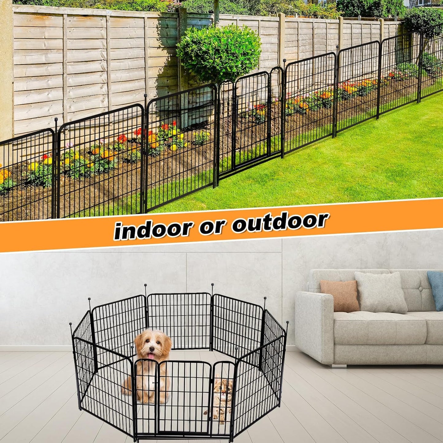 Garden Fence with Gate 36 in(H)×27 in(L) 14 Panels Total 31 Ft(L), Garden Fences and Borders for Dogs, Animal Barrier Fence, Black Metal Decorative Garden Fencing