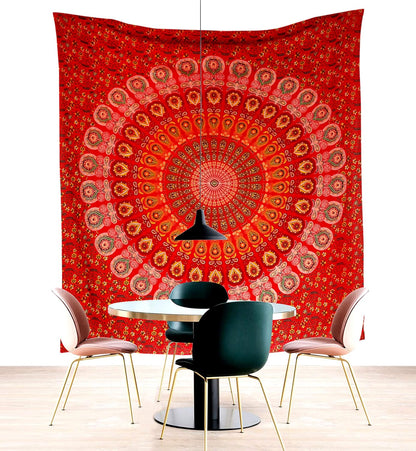 raajsee Red Tapestry Mandala Wall Hangings, Indian Cotton Beach Throw Blanket, Hippie Tapestries Boho Décor Bohemian Bedding,Queen Bedspread 210x220 cms cms Yoga Meditation Mat Rugs