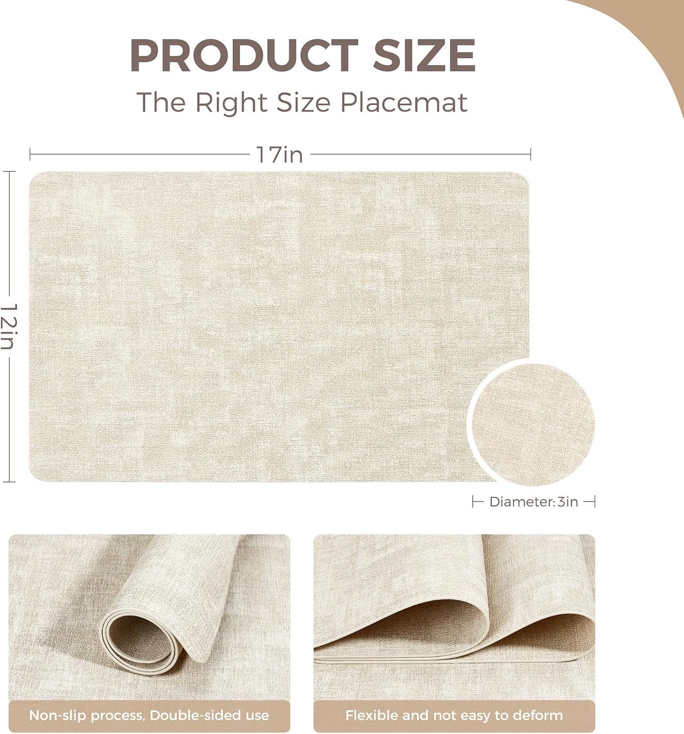 Vinyl Placemats Set of 6, Faux Leather Waterproof and Heat Resistant Place Mats, Washable Anti-Slip Table Mats with Coaster, Wipeable Placemats for Indoor & Outdoor 17" x 12" (Beige, Set of 6)