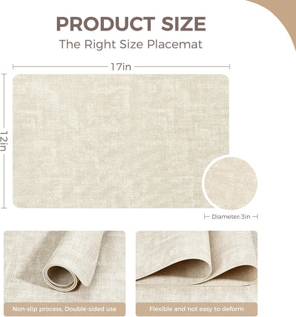 Vinyl Placemats Set of 4, Faux Leather Waterproof and Heat Resistant Place Mats, Washable Anti-Slip Table Mats with Coaster, Wipeable Placemats for Indoor & Outdoor 17" x 12" (Beige, Set of 4)