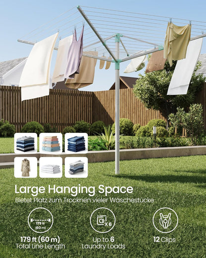 SONGMICS Umbrella Drying Rack, Retractable Outdoor Drying Rack, Height Adjustable, 197 ft Long Clothesline, Holds 6 Laundry Loads, for Garden, with Ground Spike, Cover, Silver and Green ULLR302E01