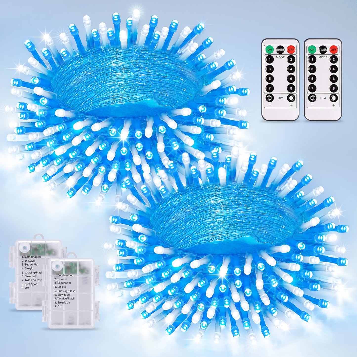 JMEXSUSS 2 Pack Blue and White Battery String Lights, Each 33ft 100 LED Battery Powered Christmas Lights with Remote for Outside Party Birthday
