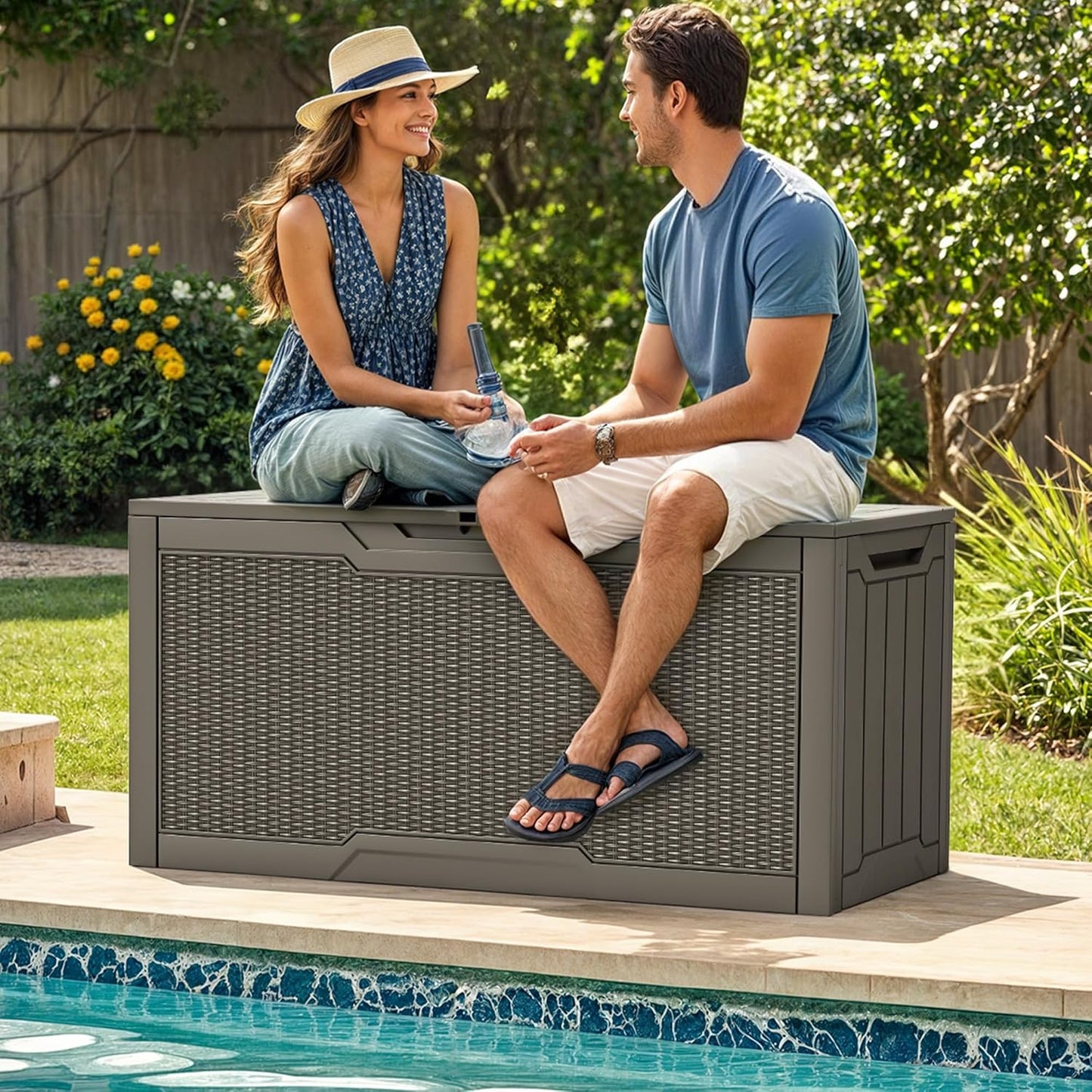 YITAHOME 80 Gallon Resin Deck Box, Weather Resistant Outdoor Rattan Storage Box, Lockable Indoor Outdoor Storage for Supplies and Essentials, Taupe