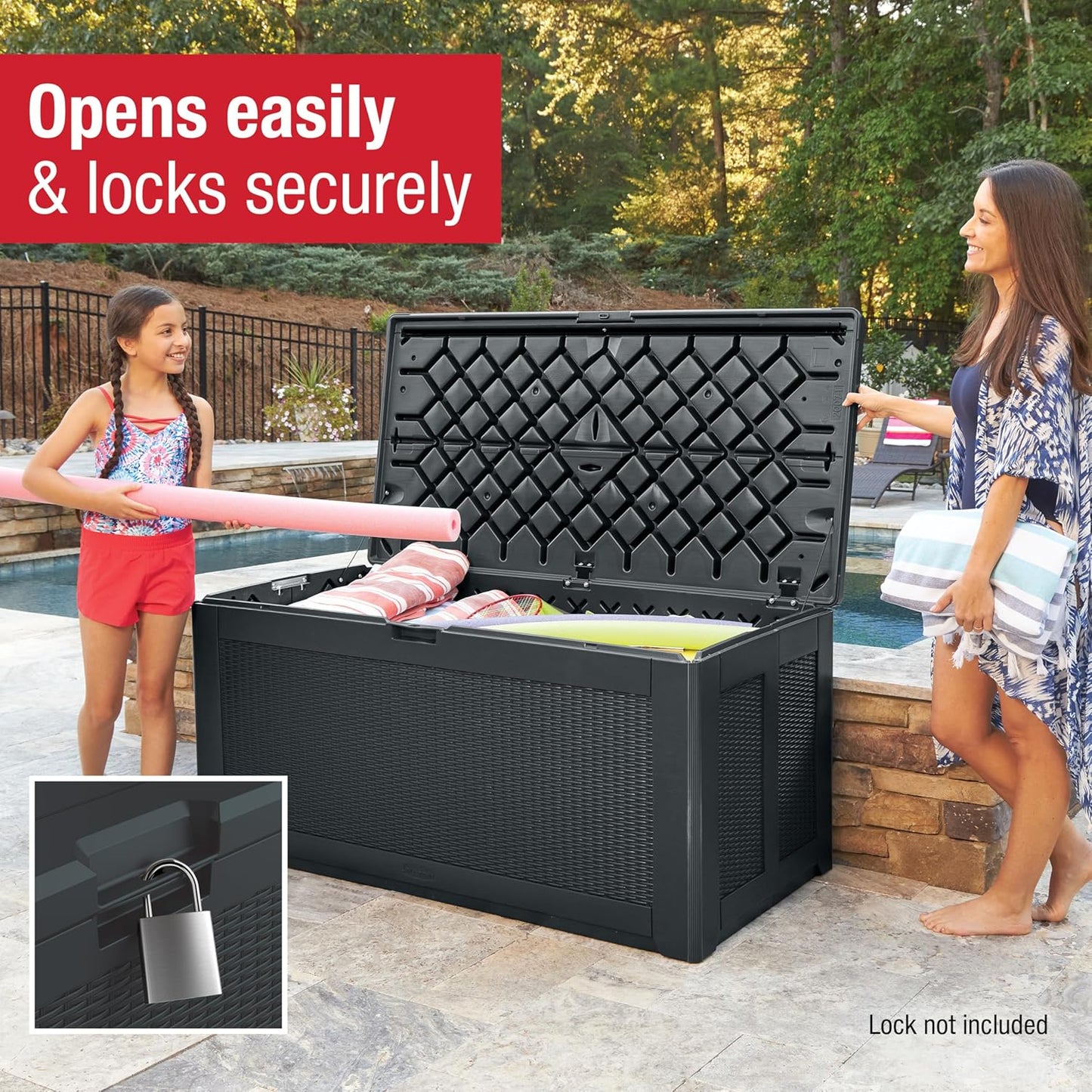 Rubbermaid Extra Large Resin Outdoor Storage Deck Box (134 Gal), Weather Resistant, Black, Deck Organization for Home/Backyard/Pool Chemicals/Toys/Garden Tools/Porch/Patio Cushions