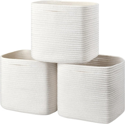 3 Pack Storage Cubes 11 Inch Cotton Rope Woven Baskets for Organizing Cube Bin Square Shelves Organizer,Classroom,Kids Toy Bins,Closet,Baby Nursery(Creamy White)