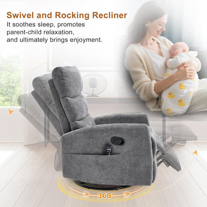 Manual Swivel Rocker Recliner Chair for Adults, Overstuffed Reclining Glider Chair for Nursing with Vibration Massage & Heat, Living Room Rocking Recliner 3-Stage backrest, Chenille Fabric Dark Gray