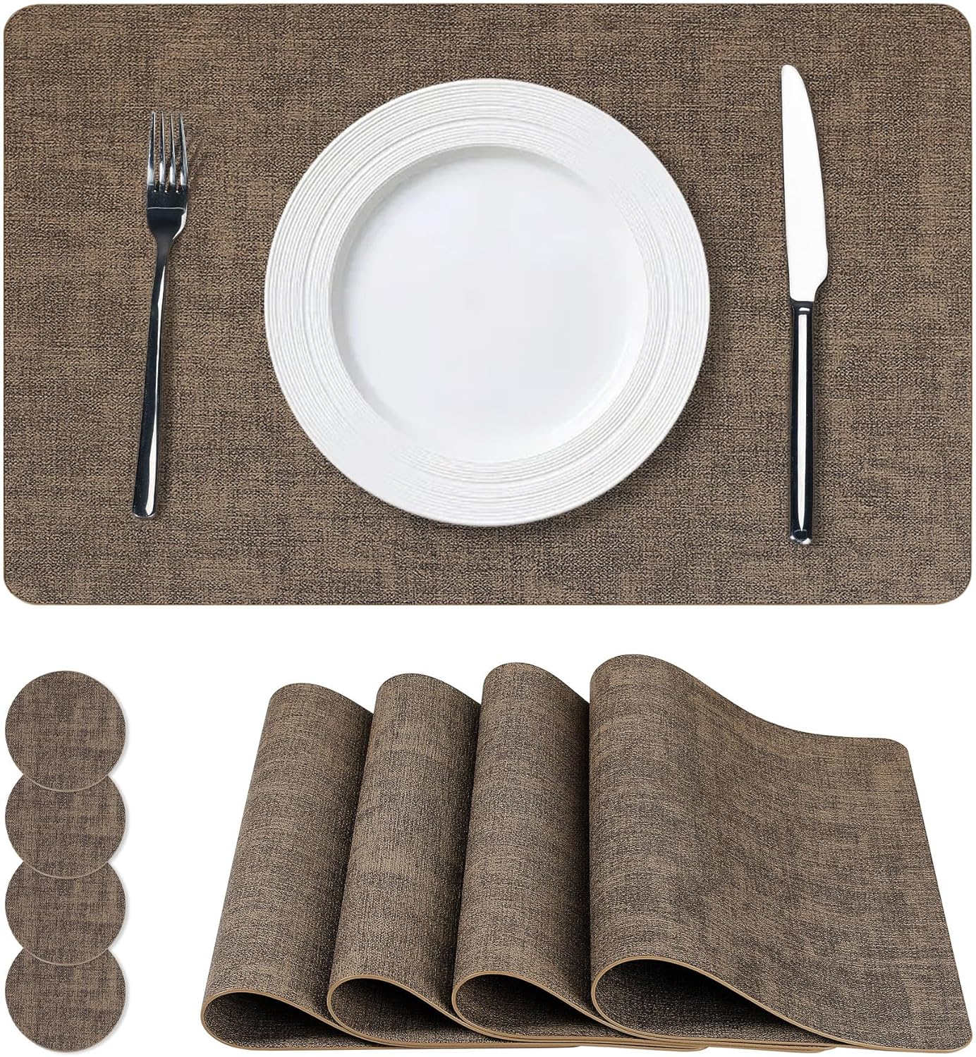 Vinyl Placemats Set of 4, Faux Leather Waterproof and Heat Resistant Place Mats, Washable Anti-Slip Table Mats with Coaster, Wipeable Placemats for Indoor & Outdoor 17" x 12" (Dark Coffee, Set of 4)
