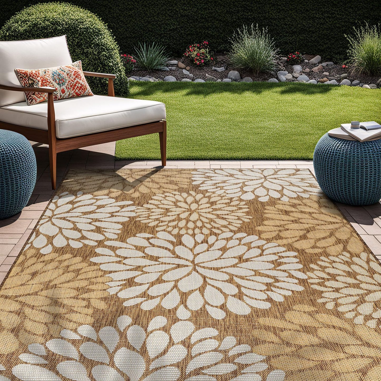 Beverly Rug Outdoor Rug 8x10 Modern Exotic Tropical Leaf Area Rugs for Indoor and Outdoor Patio Deck Porch Garden Water Resistant Washable Outside Carpet (8 x 10 Wooden)
