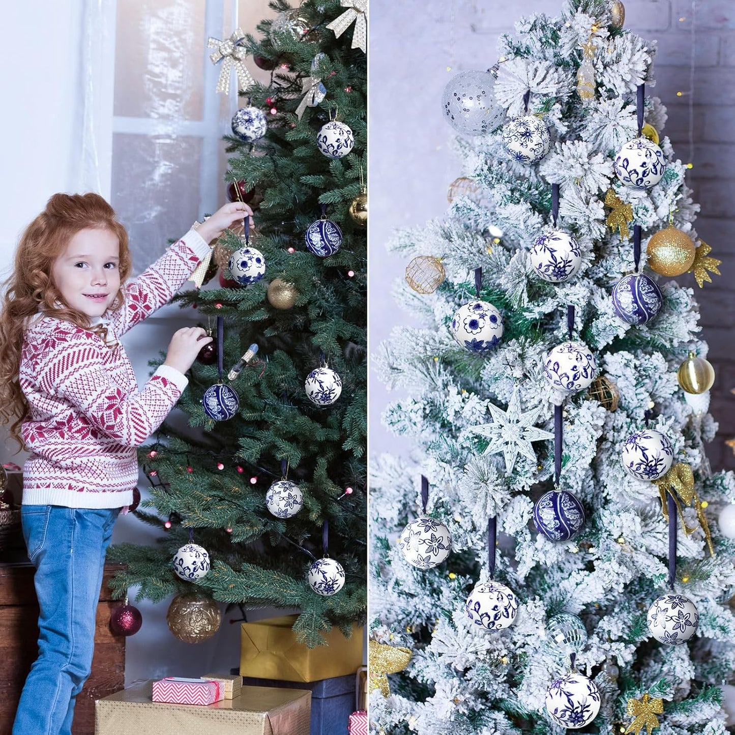 Cindeer 6 Pcs Blue and White Christmas Porcelain Balls 2.4 Inch Porcelain Chinoiserie Ornament Bulk Christmas Ceramic Hanging Decorative for Tree Home Xmas Party (Stylish Style)