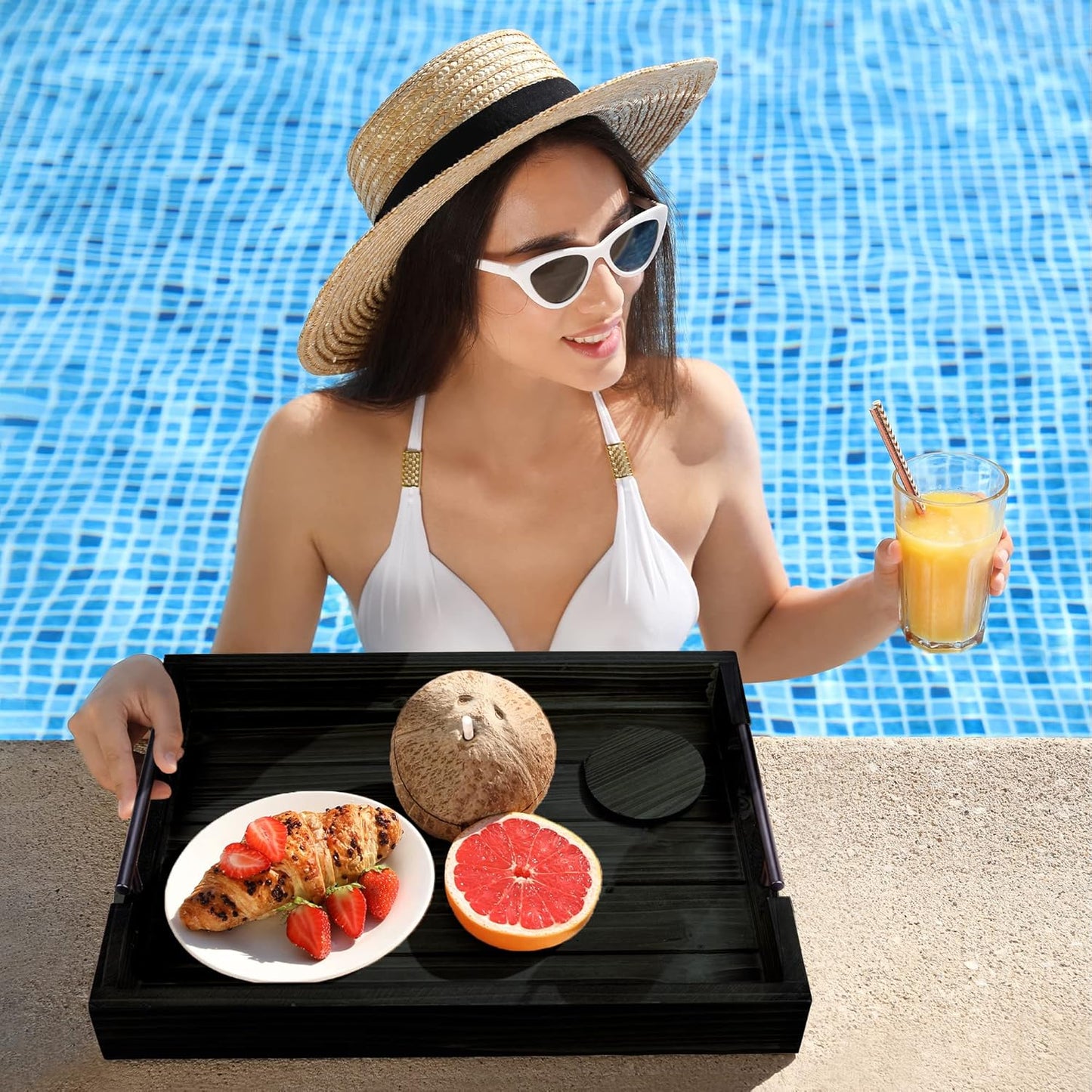 Ottoman Serving Tray | Decorative Coffee Table Tray with Handles – 17x13 Inch Wooden Tray with 4 Coasters for Breakfast, Kitchen & Bar