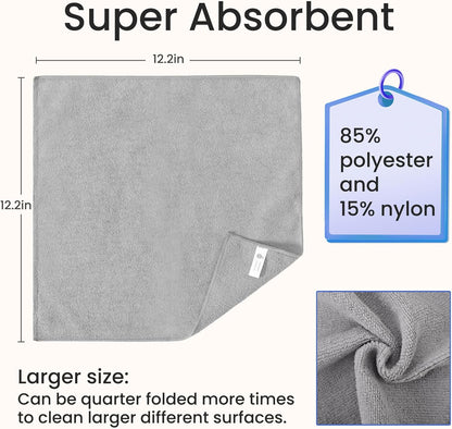 Microfiber Cleaning Cloths - 12 Pack, Grey, 12.2" x 12.2", Lint-Free, Streak-Free, Absorbent, Multi-Purpose, Heavy-Duty, Durable, Easy to Clean