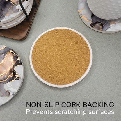 Emerson Coasters for Drinks Absorbent – Saucers Coffee Table Set of 6 with Holder, 100% Ceramic Wooden Tabletop Protection Marble Style, Non-Slip & Cork Bottom - Heavy Duty Drink Coasters (Crown)