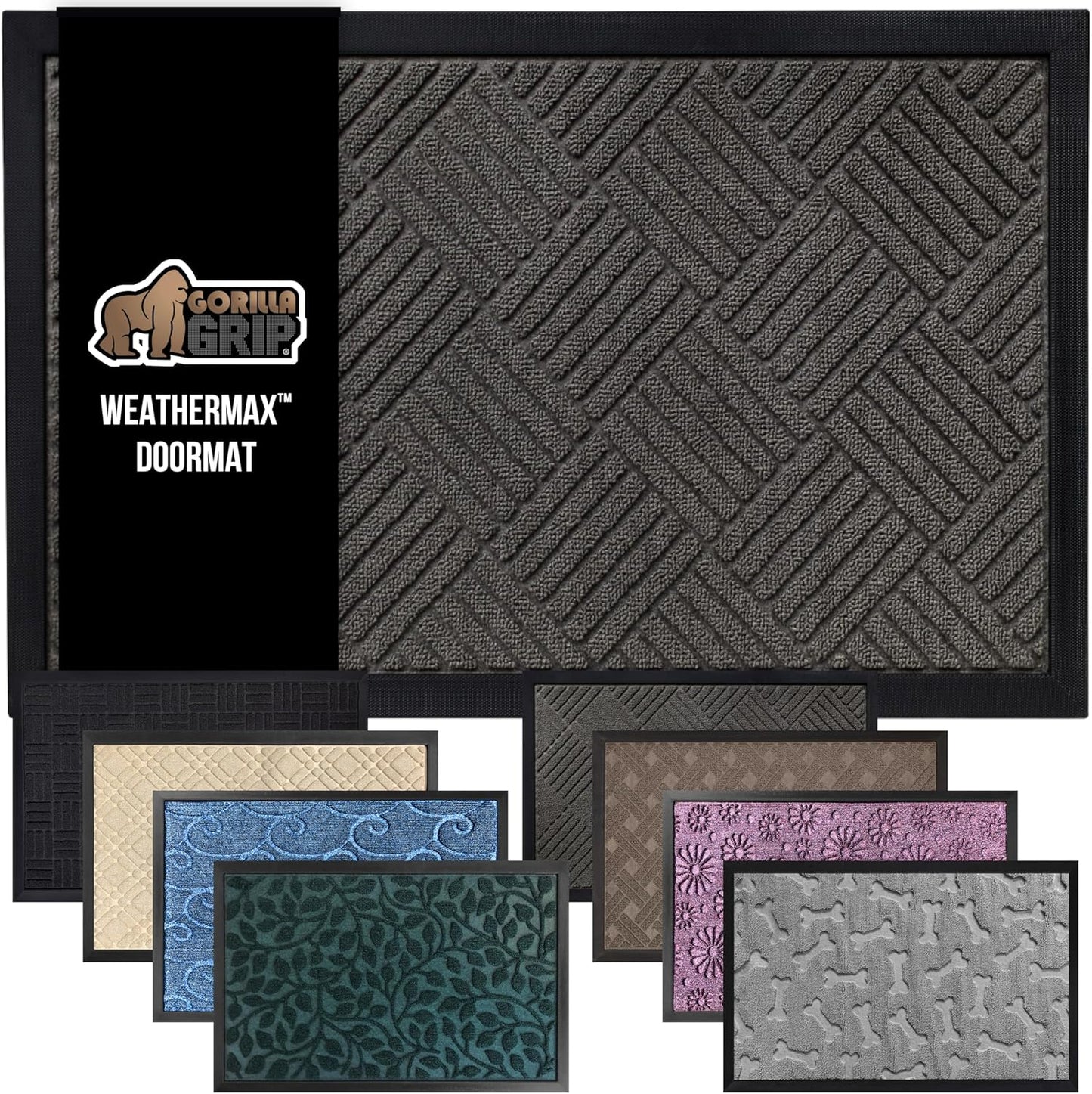 GORILLA GRIP 100% Waterproof All-Season WeatherMax Doormat, 72x24, US Designed Natural Rubber, Stain and Fade Resistant, Low Profile Indoor Outdoor Door Mats, Easy Clean Patio Mat, Gray Diamond