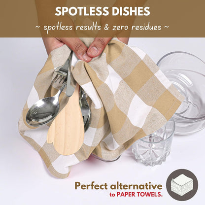 Native Fab 12 Pack Buffalo Check Kitchen Towel 16"x26" - Cotton Dish Towels Washable - Absorbent Tea Towels, Soft Hand Towel with Hanging Loop, Dish Cloth Set - Beige White