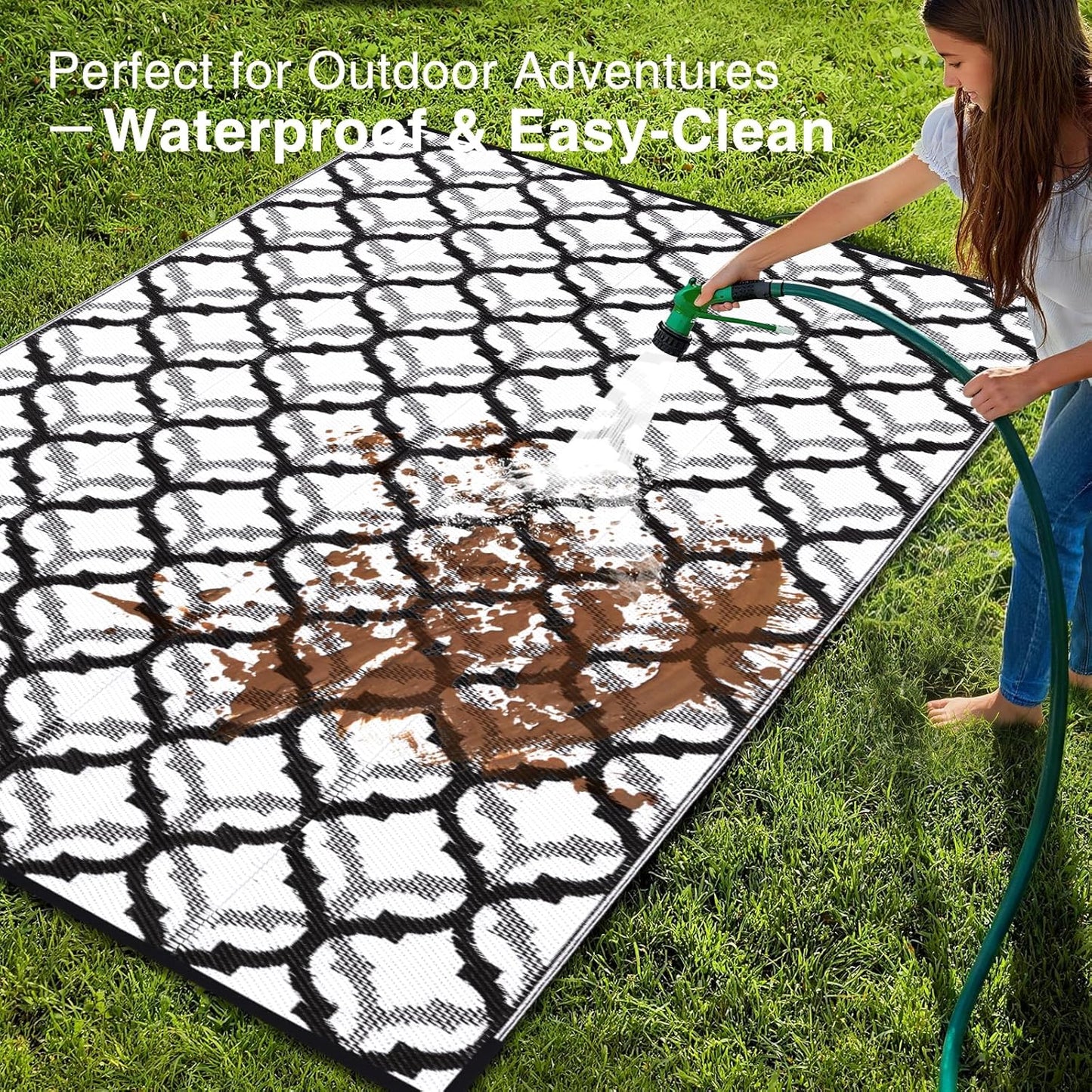 OLANLY Reversible Outdoor Rug 8x10 ft Clearance, Waterproof Outdoor Plastic Straw Rug with Interlacing Pattern, RV Mat for Patio, Camping, Balcony, Deck, Backyard, Black & White