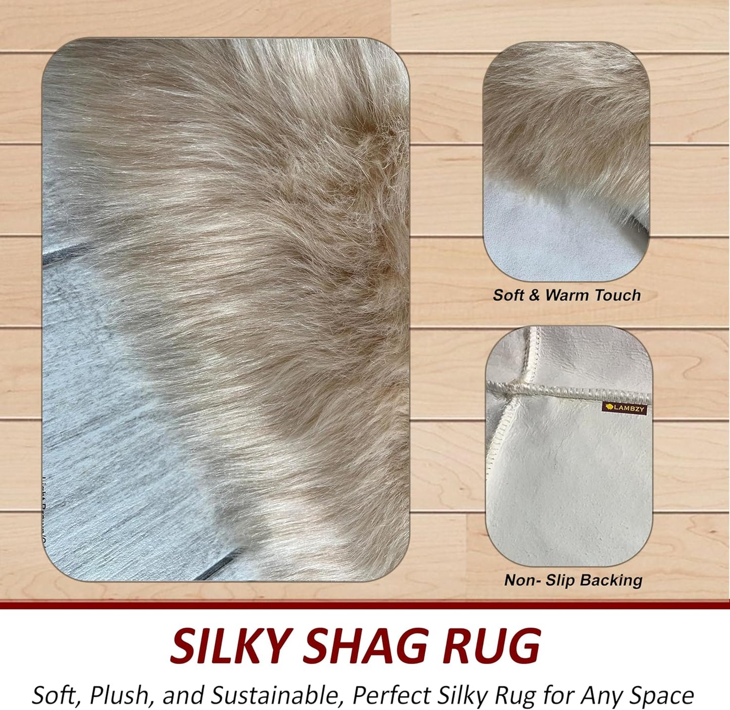 LAMBZY Faux Sheepskin Hypoallergenic Free Shape Silky Shag Rug, Luxury Shaggy Silky Plush Carpet for Bedrooms Rugs Living Room Kids Rooms Sofa Floor Rugs (Decto 10 Pelts 6'x10', 180x300cm Camel)