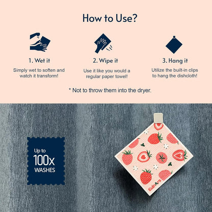 Swedish Dishcloths for Kitchen, 8 Pack Reusable Paper Towels with Clips, Non-Scratch Swedish Dish Towels, Super Absorbent Cellulose Sponge Cloths, Eco Friendly Gifts