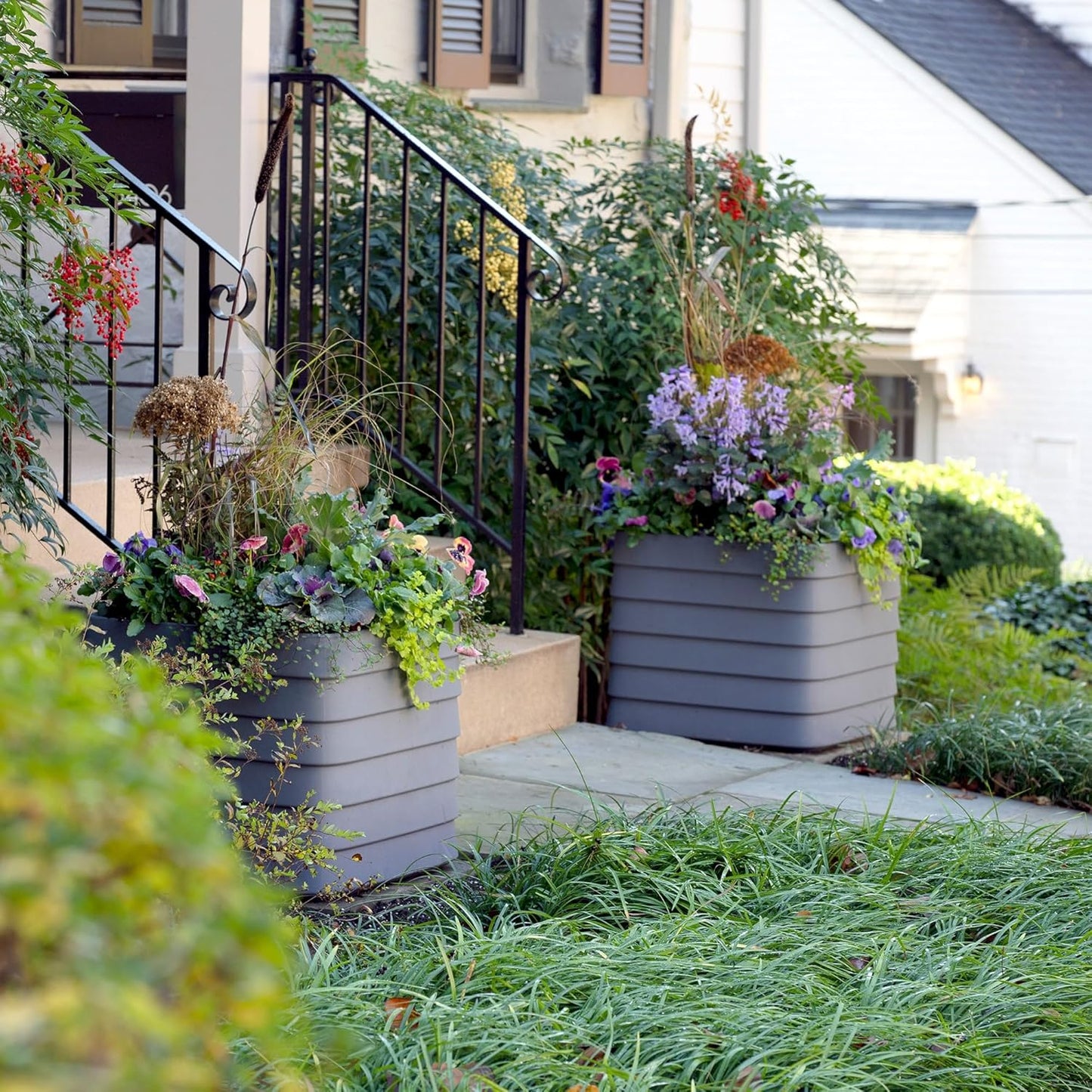 Crescent Garden TruDrop Self Watering Slat Square Box Planter - Indoor Outdoor Planter Box with Built-in Reservoir & Water Level Indicator, All Weather Flower Pot, 22'' (Slate Gray)