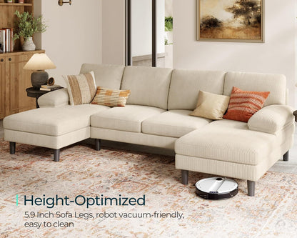 LINSY HOME Sectional Couch, 111'' W Corduroy U Shaped Sofa with Sleepable Armrests, 4 Seat Couch with Double Chaises, Deep Seat Sofa for Living Room, Beige
