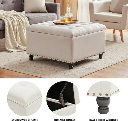 Tbfit Large Square Storage Ottoman Bench, Botton Tufted Upholstered Coffee Table with Wooden Legs, Oversized Storage Ottomans Toy Box Footrest for Living Room, Apartment, Beige