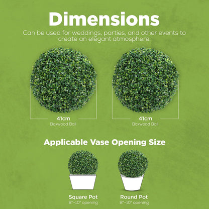 DRAY Premium 16.14" Faux Boxwood Balls – Set of 2 Artificial Topiary Spheres for Outdoor & Indoor Use – Realistic, UV-Resistant, Weatherproof Decorative Greenery – Check Measurements