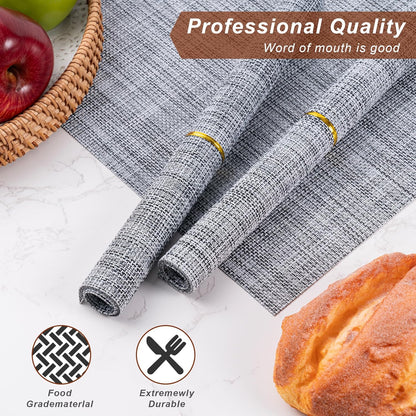 Placemats Set of 6 Washable Indoor/Outdoor Vinyl Place Mats for Dining Table Durable Non-Slip Heat Resistant PVC Weave Table Mats(Black)