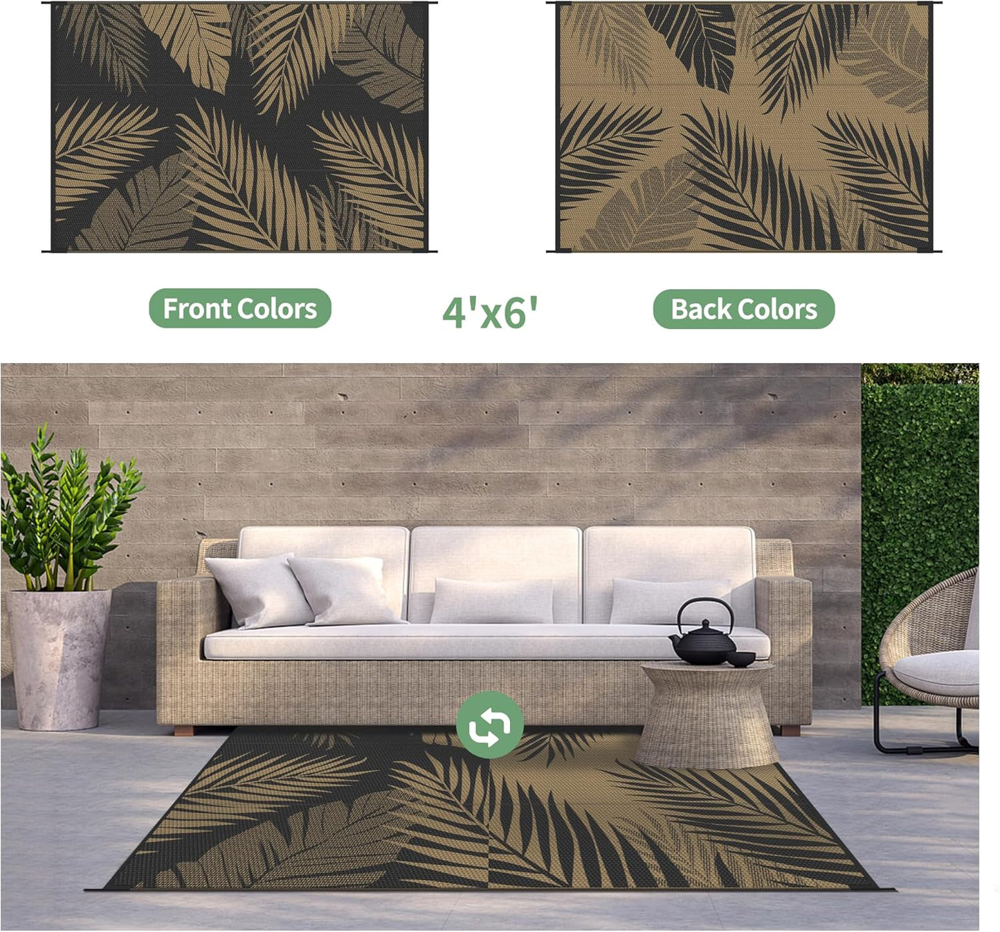 GENIMO Outdoor Rug 4' x 6' Waterproof for Patios Clearance, Reversible Outdoor Plastic Straw Camping Rug Carpet, Large Area Rugs Mats for RV, Camper, Deck, Balcony, Porch, Beach, Picnic, Black&Brown
