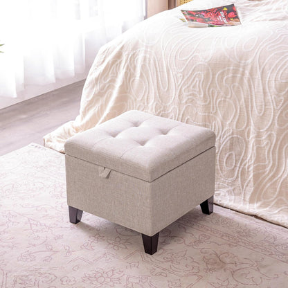 Adeco 18 Inch High Cube Ottoman Storage, Linen Chair Foot Stools, Upholstered Vanity Stool with Hinged Lid, Solid Wood Legs (Beige Grey)