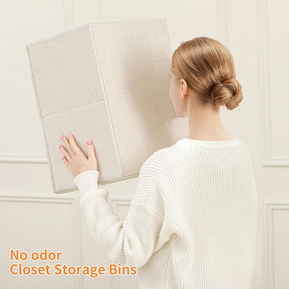 Linen Folding Storage Bins, 3 Pack Large Storage Baskets, Washable, Clothing Storage Bins with Handle, Closet Organizer for Storage Sweater,Sheets (Beige, 16"x9½"x6¾")