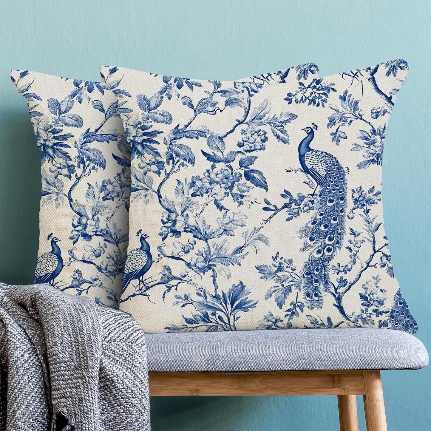 Navy Blue Spring Floral Pillow Covers 18 x 18 Inch Set of 2 for Chinoiserie Flowers Bird Decor Throw Pillows Vintage Plant Farmhouse Outdoor Decorative Cushion Cases for Couch Bed Decorations